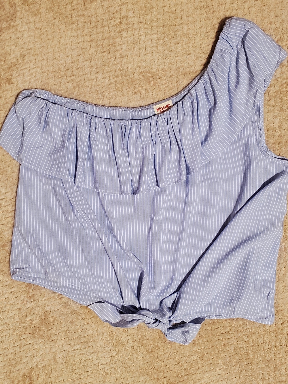 Mossimo Supply Co. Light Blue Pinstripe One-Shoulder Ruffle Tie-Front Crop Top